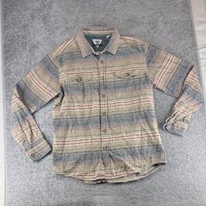 Vissla Long Sleeve Button Up Shirt Plaid Striped Pattern Mens L Tan Blue Gray